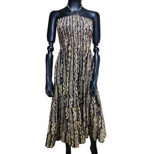 Halter Neck Tie Brown & Cream Strapless Boho Maxi Dress One Size